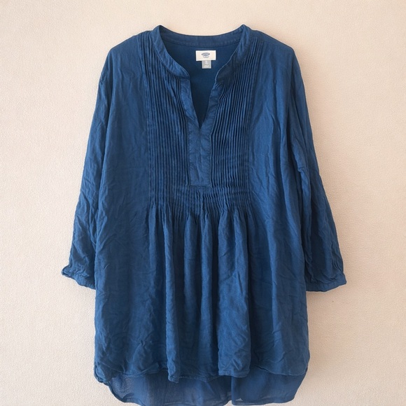 Old Navy Tops - Old Navy Blue Tunic Dress Boho Pintuck Flowy 3/4 Sleeve Casual Dress